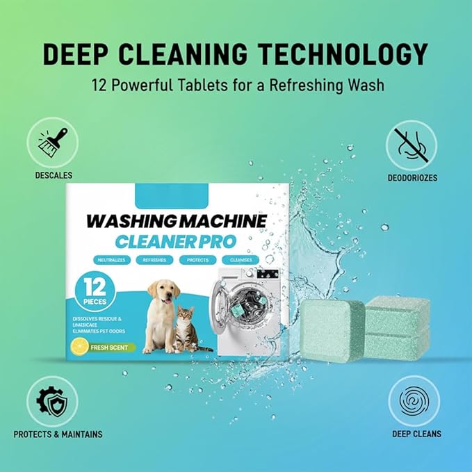 RAINPOT Washing Machine Cleaner for Washing Machines, Universal Compatible with Front Loader & Top Loader, Effective Odor Eliminator, Septic-Safe, 12 Tablets (12 PCS)