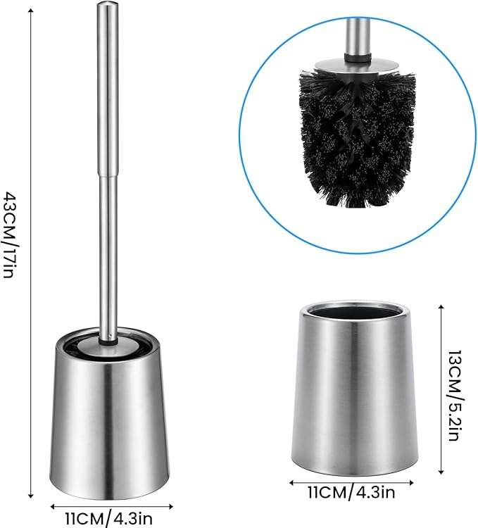 SUS304 Stainless Steel Toilet Brush and Holder Toilet Brush and Cases Bathroom Bowl Cleaning Brush Double Layer Holder Long Brush Handle High Density Bristles Silver