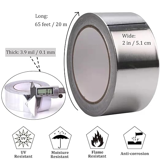 6Rolls Aluminum Foil Tapes, HVAC Duct Tape Heavy Duty, Silver Metal Adhesive Insulation Tape (3.9mil, 2"x65 Feet) High Temperature for Pipe Ductwork, Sealing Patching Heat Cold Air Ducts, Dryer Vents