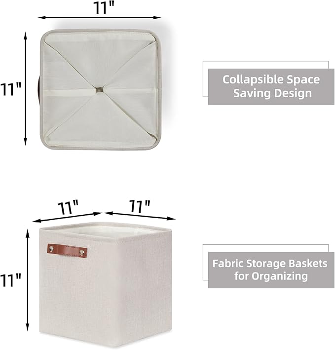 HNZIGE Cube Storage Baskets,Linen Storage Baskets for Shelves(4 Pack) Fabric Storage Basket for Toys,Baskets for Storage,Foldable storage cubes 11x11x11 for Books,Towels,Closet with Handles(Cream)