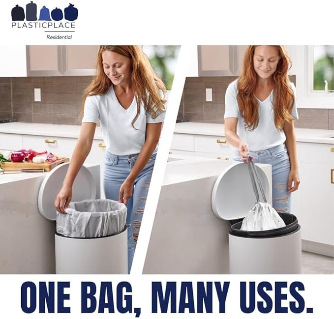 Plasticplace Custom Fit Trash Bags Compatible with simplehuman Code Q (200 Count) Drawstring Garbage Bags 13-17 Gallon White, Tear-Resistant Tall Kitchen Trash Bags for Garbage Cans Recycling 1.2 Mil