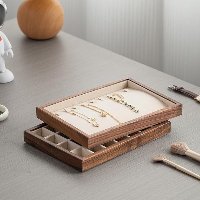 9 Grid Black Walnut Wood Jewelry Tray with Velvet Lining, Stackable Jewelry Organizer for Necklace, Bracelet & Pendant Storage, Premium Elegant Jewelry Drawer Organizer for Women