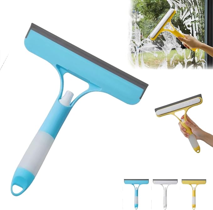 3 in 1 Window Cleaning Scraper, 2025 New Multi-Function Glass Cleaner Squeegee Tool for Shower Glass, Tile, Mirror Cleaning, All-Purpose Spray Function Brush with Ergonomic Handle (Blue)