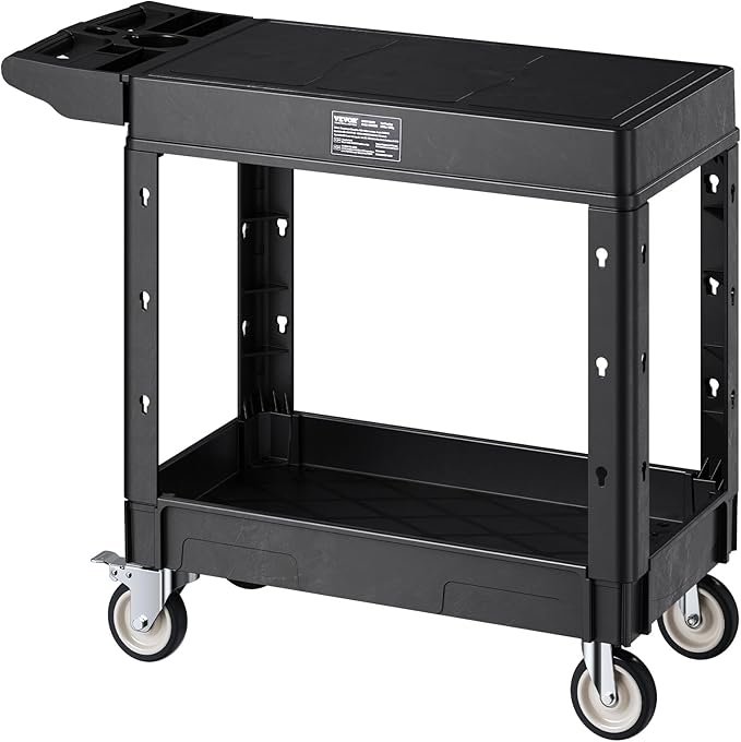 VEVOR Utility Cart, 550 lbs Load Capacity, 31.3 x 17.7-inch Service Cart, Two-Shelf Heavy Duty Plastic Utility Cart with 360° Swivel Wheels (2 with Brakes), Suitable for Warehouse, Garage, Cleaning