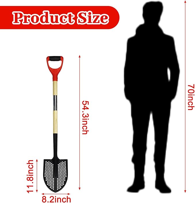 Upgrade Sifting Shovel - 50" Long Sand Sifter Shovel with Hole for Chicken Coop,Mud & Beach Fun, Heavy Duty Rock Sifter, Chicken Poop Scooper for Sand with Ergonomic D-Grip Handle
