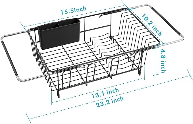 Over the Sink Expandable Dish Drainer Drying Rack In Stainless Steel for Small Kitchen, Counter Space Saving Modern Compact Metal Above Plate Dryer Strainer, Adjustable Hanging Inside Drain Holder