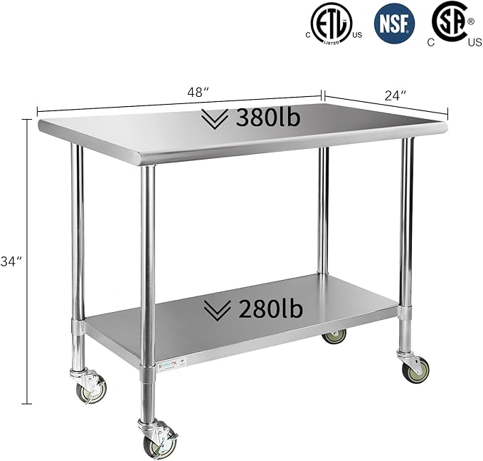 STABLEINK Stainless Steel Table with Caster Wheels 24 x 48 Inches, NSF Commercial Prep & Work Table with Adjustable Undershelf and Table Foot, for Commercial Kitchen, Restaurant, Hotel and Garage