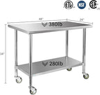 STABLEINK Stainless Steel Table with Caster Wheels 24 x 48 Inches, NSF Commercial Prep & Work Table with Adjustable Undershelf and Table Foot, for Commercial Kitchen, Restaurant, Hotel and Garage