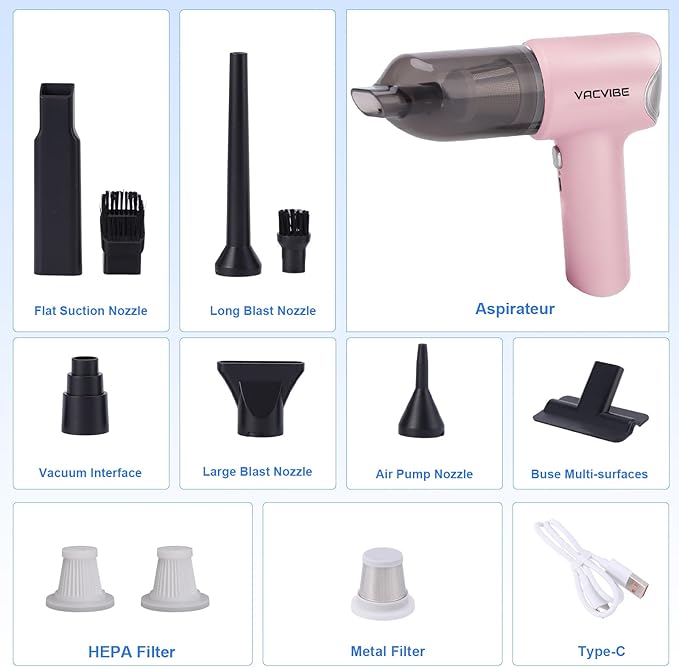 Handheld Car Vacuum Cleaner, 21000PA 4 in 1 Portable Rechargeable Brushless Motor Mini Cordless Car Cleaner, 120W High Power with Multi-Nozzles for Home Office Pet, Present for Girl Women Pink