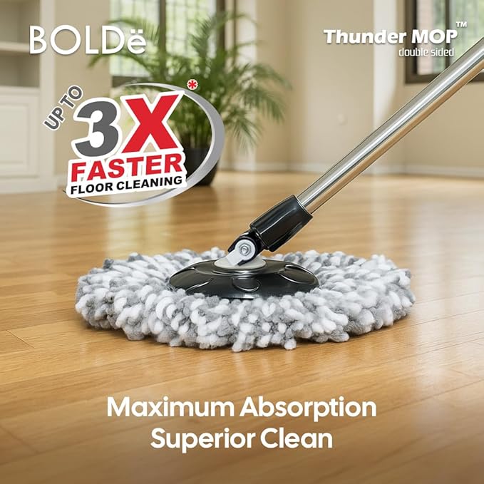 Thunder Mop Spin System - Double-Sided - 2 Compact Stackable 6L Buckets, Microfiber Head, Stainless Steel Wringer, Antifungal Quick-Dry Cleaning, Soap Dispenser, 3 Free Refills (Yellow/Blue)