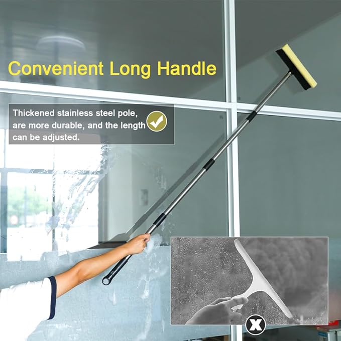 Long Handle Window Squeegee,2 in 1 Window Cleaning Car Squeegee,Windshield Squeegee with Cleaning Sponge and Rubber