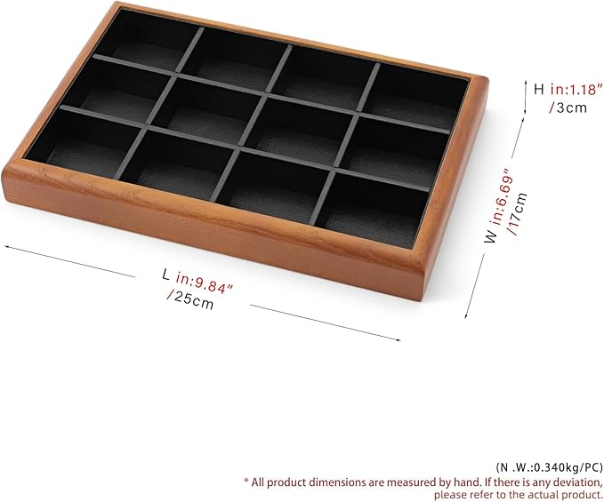 Oirlv Solid Wood 12 Grid Jewelry Organizer Tray Jewelry Drawer Organizer for Rings Earrings Storage Display(Black)