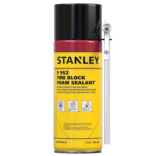 Stanley F952 Fire Block Spray Foam – (1x12oz) Fire Rated Expanding Polyurethane Foam Sealant for Gap Filling & Sealing on Doors, Windows, Walls, Pipes & Joints – Indoor/Outdoor Straw Use | 1 Pack