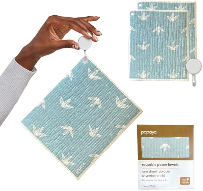 Papaya Reusable Paper Towels 2-Pack - 2 Sheets + 1 Hooks, Quick Drying, No Odor, 1 Sheet Replaces 17 Rolls, Washable Kitchen Cloth, Sustainable Dish Sponge, Eco Friendly Gift
