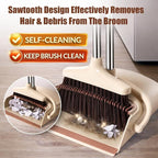 Broom and Dustpan Set with Long Handle and 6 Bonus Cleaning Tools, Upright Standing Combo with Self-Cleaning Teeth & Windproof Dustpan for Pet Hair, Home, Kitchen, Garage, Apartment
