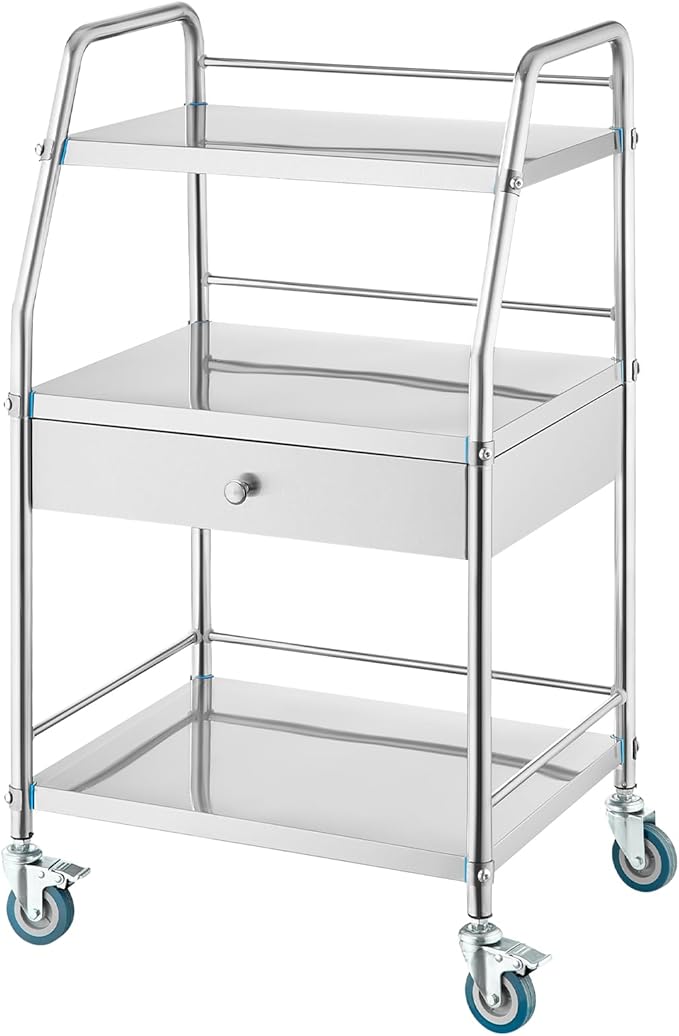 VEVOR Service Cart, 3 Layers Stainless Steel Utility Rolling Cart with Drawer, Lockable Wheels, Ideal for Laboratory, Hospital, Dental Use