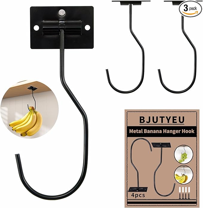 Self-Adhesive Banana Hooks, Foldable Magnetic Hanger Under Cabinet, Sturdy Metal Banana Holder for Kitchen, Space-Saving Design to Keep Bananas Fresh 4 Pieces Black