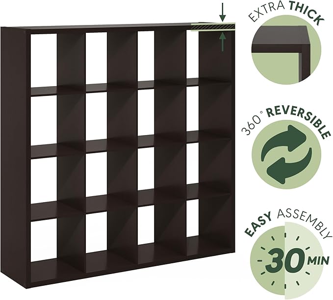Furinno Cubicle Open Back Decorative Cube Storage Organizer, 16-Cube, Black Dark Oak