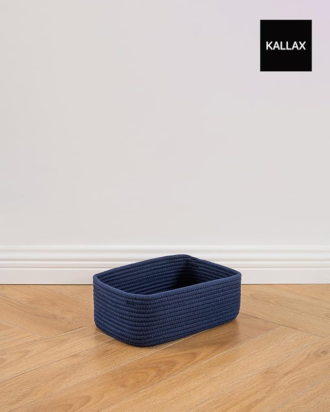 Small Woven Basket, 12 x 8 x 4.5 Inches, Storage Basket for Organizing, Cute Small Rope Shelf Closet Cube Storage Bins Baskets for Shelves, Dog Toy Gift Baskets Empty, 3 Packs, Navy Blue