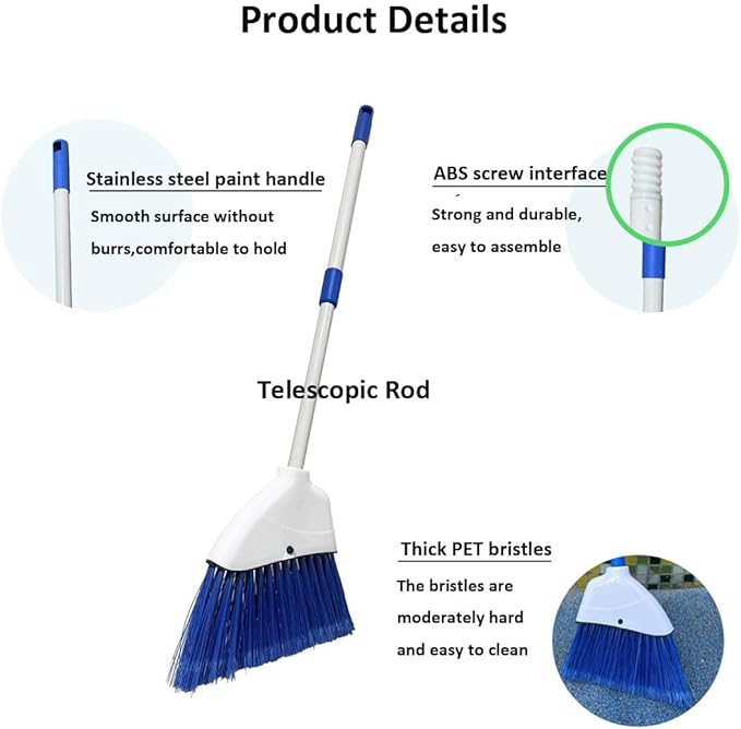 Small Broom - Indoor or Outdoor Portable Broom with Adjustable Handle, Cleaning Little Helper for Housekeeping, Office, Working Desk, and Pet Nest(White&Blue)