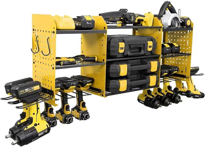 3 layers power tool organizer Loads 150lbs with 10 Cordless Drill Holder and 8 Outlet Power Strip,it’s good choice for husband birthday gift,yellow