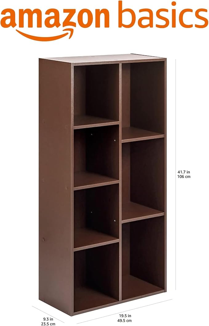 Amazon Basics 7 Cube Organizer Bookcase, Storage Shelves, Book Shelf, Espresso, 9.3"D x 19.5"W x 41.7"H