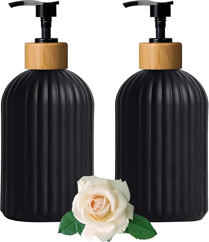 Black Glass Soap Dispenser Set with Bamboo Pump, 13.5oz Refillable Liquid Hand Soap Dispenser, Lotion Dish Soap Dispenser for Modern Home Decor, Bathroom, Kitchen Countertop, Hotel(2 Pack)