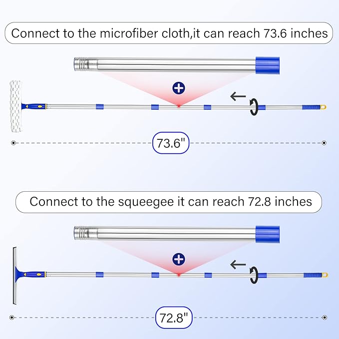 ITTAR Window Squeegee with 2 Sets Stainless Steel Pole, Squeegee Cleaning Tools with Microfiber Pads, 60"-72" Telescopic Window Washing Kit, Professional Squeegee Cleaner for Home Car Outside Glass