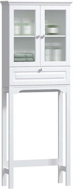 Spirich Over The Toilet Storage Cabinet with Muro Glass Doors, Over Toilet Bathroom Organizer with Tilt-Out Cube and Adjustable Shelf, White