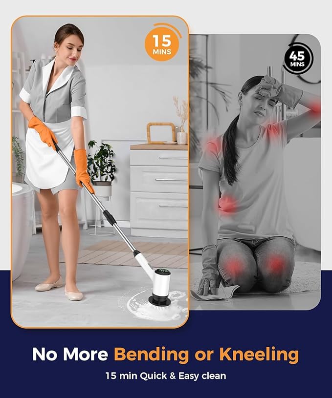 Electric Spin Scrubber, Cordless Cleaning Brush, Bathroom Shower Scrubber with 7 Replaceable Brush Heads, 2 Adjustable Speeds, Extension Handle, IPX7 Waterproof for Tub Tile Floor Car13.