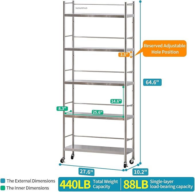 susunnus Stainless Steel Shelf,Shelves for Storage,Metal Kitchen,Garage Shelf,with Wheels,Rolling Shelves,Adjustable Height,Weight Capacity 440LB(27.6in*10.2in-5Twith guardrails)