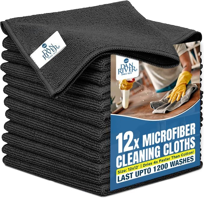 DAN RIVER 12-Pack Black Microfiber Towels – Ultra Absorbent, Lint-Free & Streak-Free Cleaning Rags for Home, Car & Kitchen - Must-Have Cleaning Essentials - 12" x 12"