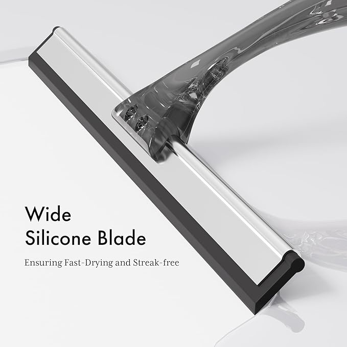 AmazerBath Shower Squeegee for Glass Doors, All-Purpose Squeegee with Suction Hook & Adhesive Hook, Squeegee for Shower Glass, Windows, Mirrors, Tiles and Car Windows - 10 Inches, Clear Black