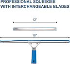 Professional Squeegee for Window Cleaning, 18” Stainless Steel Window Squeegee for Shower Glass Door, Includes 12” Replacement Rubber Blades