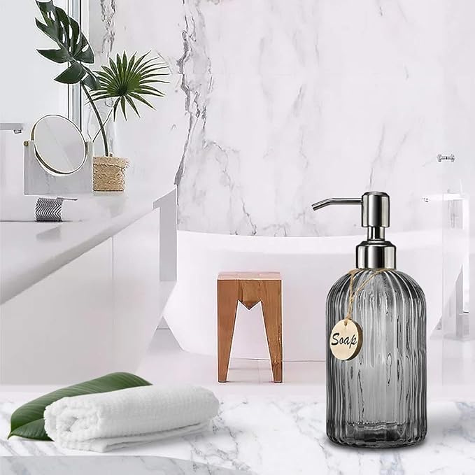 JASAI 18 Oz Vertical Stripes Kitchen Soap Dispenser with 304 Rust Proof Stainless Steel Pump, Refillable Liquid Soap Dispenser for Bathroom, Kitchen, Hand Soap, Dish Soap (Clear Grey)