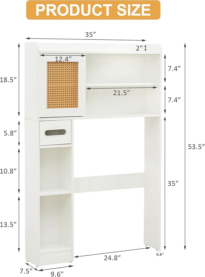 6Tier Over The Toilet Storage Cabinet, Freestanding Above Toilet Space Saver Rack w/Adjustable Shelves, Sliding Door, Multifunctional Over Toilet Organizer for Bathroom (White)
