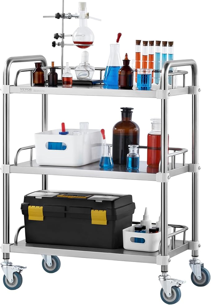 VEVOR Lab Rolling Cart, 3-Shelf Stainless Steel Rolling Cart, Lab Serving Cart with Swivel Casters, Dental Utility Cart for Clinic, Lab, Hospital, Salon, 26.38"x15.55"x34.13"