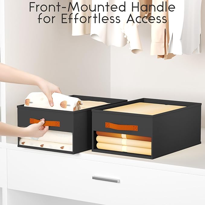 Homsorout Drawer Organizers and Storage - 12 Pack Foldable Pants Organizer with Clear Window & Handles, Fabric Closet Organizer for Clothes, Jeans, Sweaters, Towels, T-shirt, Scarf (Black)