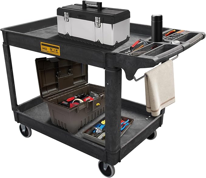 Utility Service Cart, 2-Shelf 500LBS Heavy Duty Plastic Rolling Utility Cart with 360° Swivel Wheels, Lipped Shelves, Ergonomic Storage Handle for Warehouse/Garage/Cleaning/Manufacturing