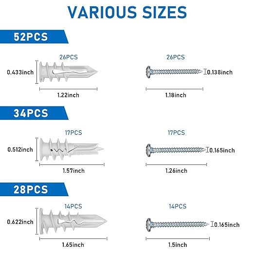 Self Drilling Drywall Anchors, 3 Size 114PCS Heavy Duty Dry Wall Anchors and Screws Kit for Hanging Sheetrock, 57 Self-Tapping Plastic Drywall Hangers and 57 Sheet Rock Screws-50/75/95 Lbs