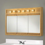 Design House Richland Medicine Cabinet with 6 Lights, Fully Assembled, Wall Mounted, 3 Mirrored Doors, Wood Frame, Oak Finish, 48 in x 5 in x 30 in, 530626-NOK