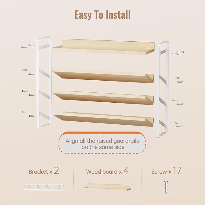 MUDEELA 4 Tier Spice Rack Organizer for Cabinet,Wooden Vertical Spice Shelf, Seasoning Organizer for Countertop, Kitchen, Pantry, Freestanding, 13.4" W × 11.2" H (No Jars Included), White