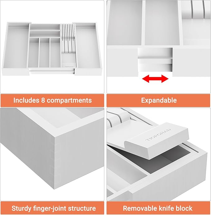 Bamboo-Silverware-Drawer-Organizer-Kitchen, Expandable Utensil Holder Cutlery Tray Flatware Organization Adjustable Wood Tableware Dividers Storage (with Removable Knife Block)(White)