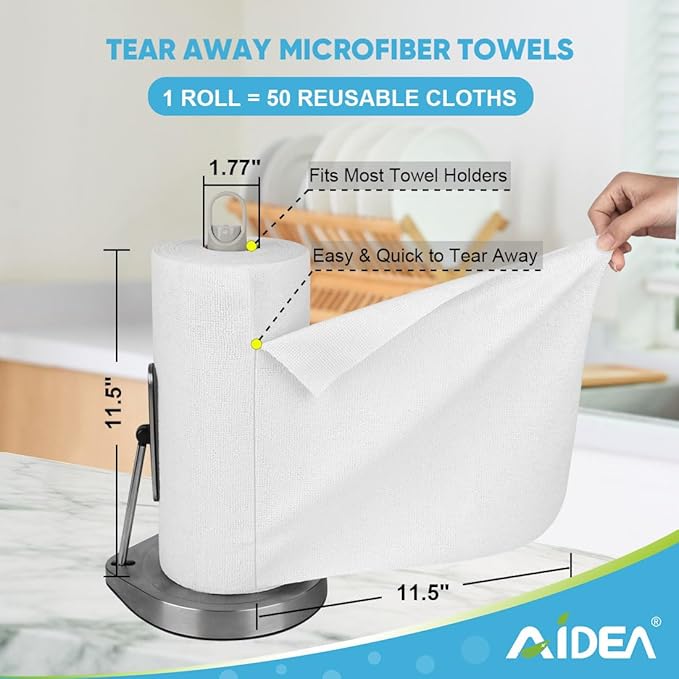 AIDEA Microfiber Cleaning Cloth Roll, White 50PK, Tear Away Reusable Paper Towels, Commercial Shop Rags, Microfiber Towels for Cars, Lint Free Rags for House, Kitchen, Automotive, 11.5"×11.5"