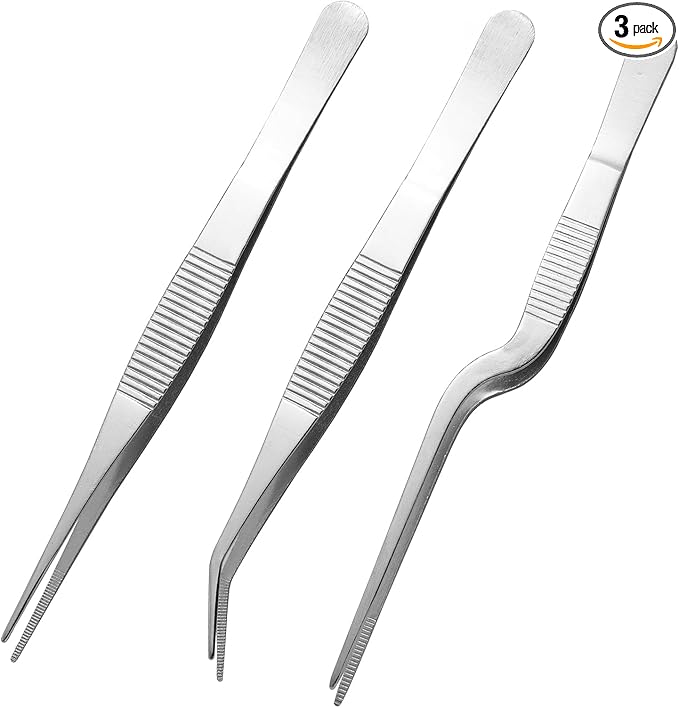 Stainless Steel Tweezers Set for Small Gardening and Kitchen, Multi-Purpose Tools Silver Tweezers (3Pcs, 6.22Inches / 6.33Inches / 6.4Inches)