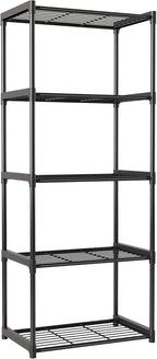 5-Tier Storage Shelves with Plastic Connectors – Metal Shelf Organizer for Pantry, Closet & Bathroom, Space-Saving Sturdy Shelving Unit Rack, Black, 17.3" x 12.8" x 56.7"