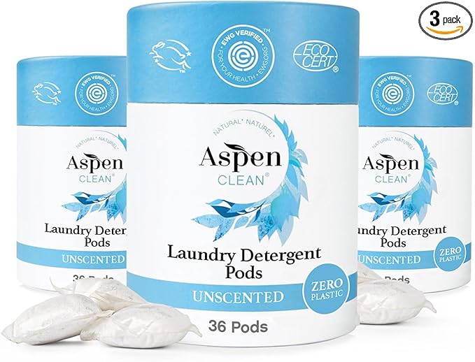 Unscented Laundry Pods by AspenClean, New and Improved Packaging, Zero Plastic, Non-Bio, Vegan, Hypoallergenic Natural Laundry Detergent, EWG Verified™ - 36 Count (3 Pack)