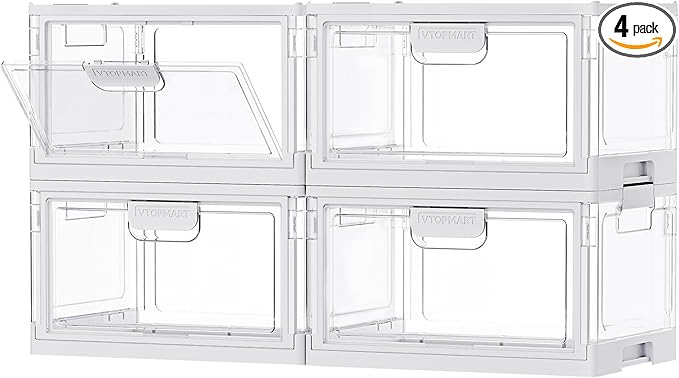 Vtopmart 4 Pack Stackable Storage Bins with Lids,24QT Clear Foldable Closet Organizer with Front-Open Doors,Plastic Storage Containers for Living Room, Bedroom, Craft Room, Dorm Organization