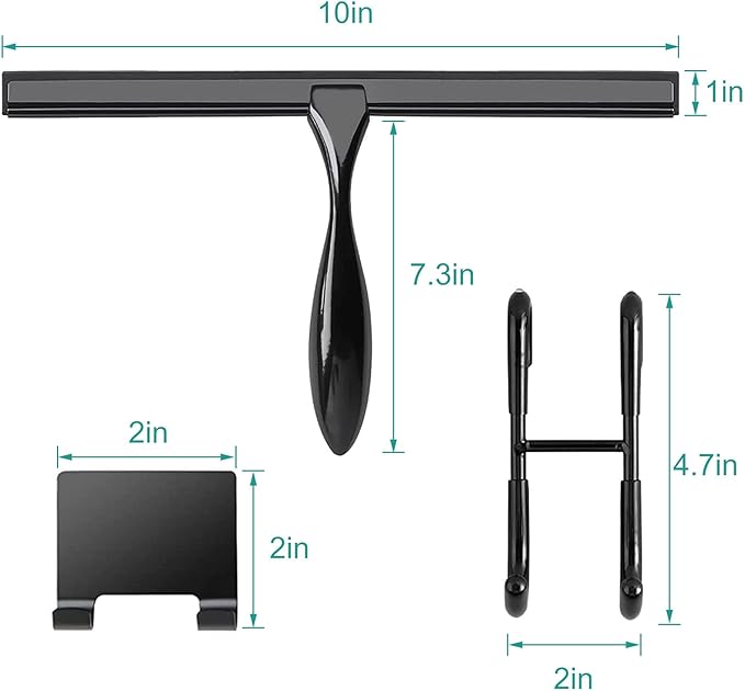 Shower Squeegee for Glass Doors,10-Inch Shower Glass Squeegee, Matte Black Shower Squeegee for Shower Doors,Mirror,Windows, with Shower Door Hook and Adhesive Hook