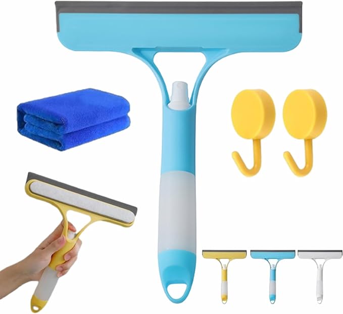 3 in 1 Window Cleaning Scraper, Window Squeegee with Spray 3 in 1 Glass Cleaner Squeegee and Scrubber with Spray for Car Home Kitchen （Blue）